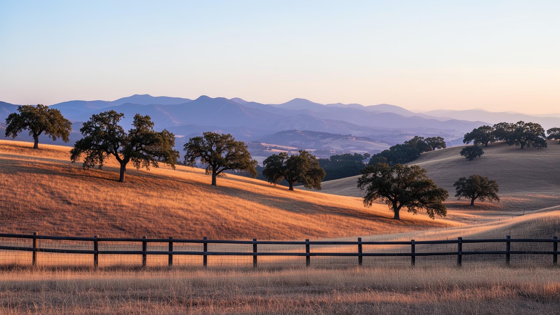 Golden California hills with heritage oak trees and ranch fencing at golden hour